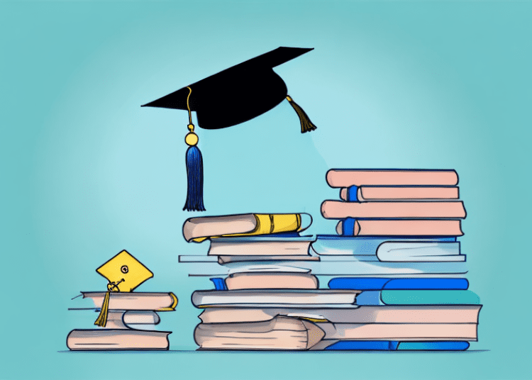 A stack of books with a graduation cap on top and a chain wrapped around them