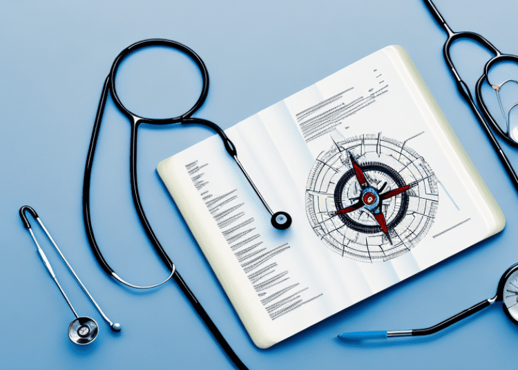A stethoscope intertwined with a compass