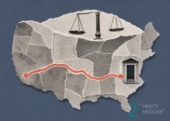 Collage of torn-gray map pieces with orange route from left to a doorway on the right, over a dark backdrop; scales of justice at top; '2 Minute Medicine' logo in bottom right.