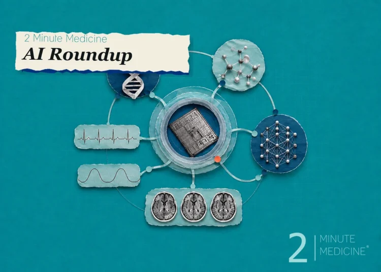 Collage of medical tech icons circling a central chip with 'AI Roundup' title and 2 Minute Medicine logo in teal background.