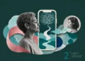 A woman engages with a mental health app on her phone, while another woman provides support. The image symbolizes the connection between technology and mental well-being.