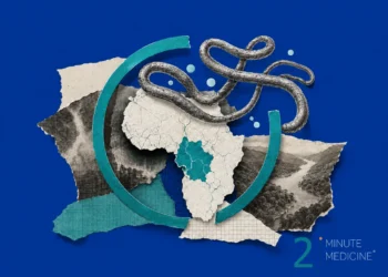 An artistic representation of the African continent with a depiction of the Ebola virus above it, suggesting an outbreak context.