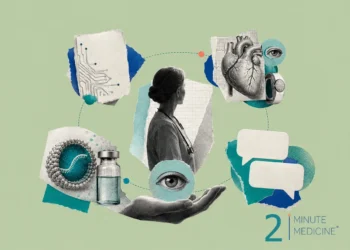 A healthcare professional is depicted among images of technology, a vaccine vial, and a heart, symbolizing the integration of AI in medicine.