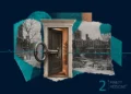 An artistic representation featuring a door with a key, symbolizing access or opportunity, alongside images of buildings and a heartbeat line, suggesting themes of health and housing.