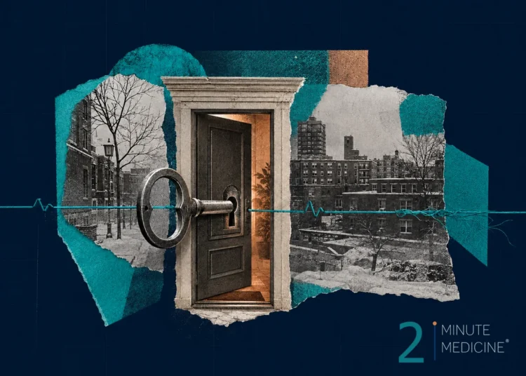 An artistic representation featuring a door with a key, symbolizing access or opportunity, alongside images of buildings and a heartbeat line, suggesting themes of health and housing.