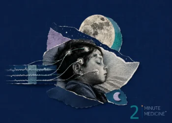A sleeping child with electrodes on the scalp, surrounded by a moon and night sky, illustrating sleep monitoring and brain health assessment.