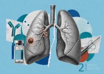 Illustration showing the lungs with a tumor, a vial representing medication, and surgical tools, indicating lung cancer treatment involving toripalimab.