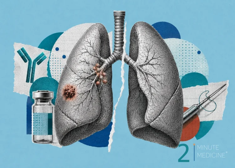 Illustration showing the lungs with a tumor, a vial representing medication, and surgical tools, indicating lung cancer treatment involving toripalimab.