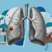 Illustration showing the lungs with a tumor, a vial representing medication, and surgical tools, indicating lung cancer treatment involving toripalimab.