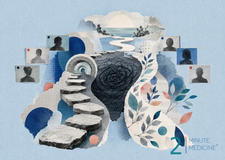 An abstract representation of therapeutic pathways and personal journeys towards mental health improvement, with visual elements suggesting anxiety or panic states.
