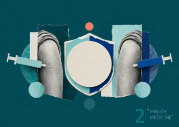 An illustration depicting two syringes near a stylized representation of a human arm, symbolizing the administration of flu and COVID-19 vaccinations.