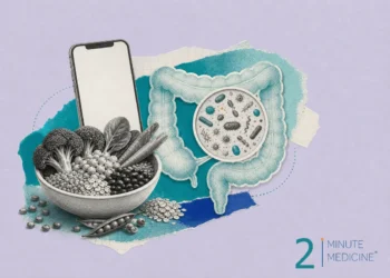 An illustration depicting a bowl of vegetables, a smartphone, and a representation of the gut microbiome inside the human intestinal tract.