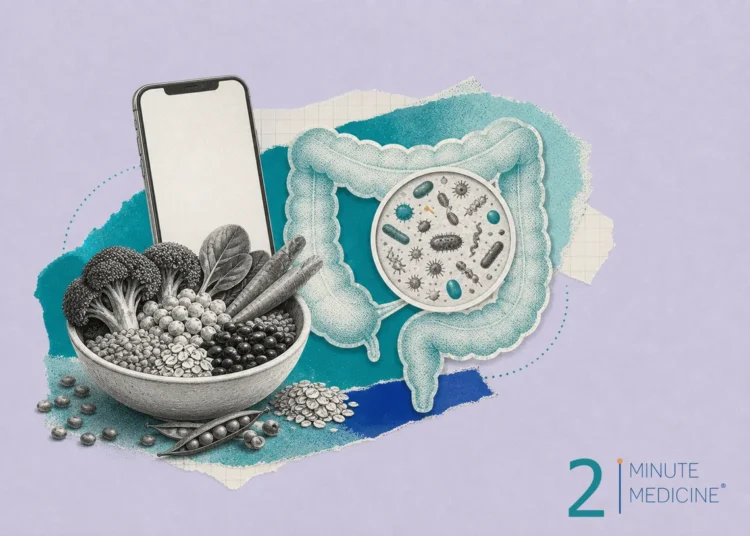 An illustration depicting a bowl of vegetables, a smartphone, and a representation of the gut microbiome inside the human intestinal tract.