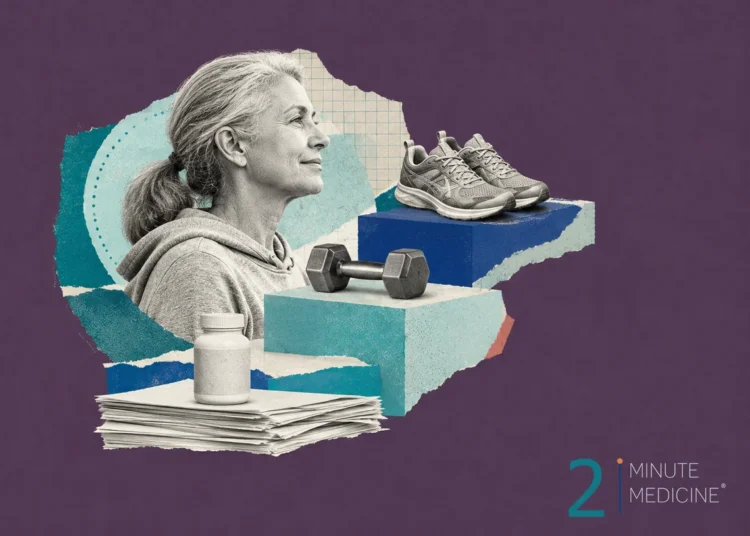 An older woman looks thoughtfully to the side, with dumbbells, running shoes, and a bottle of supplements nearby, suggesting themes of exercise and health in geriatrics.