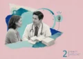 A physician converses with a female patient, with elements suggesting technology and healthcare in the background.