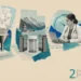 A funnel containing papers, a laboratory sample container, a physician working on a laptop, and a clock in the background, suggesting automation in medical workflows.