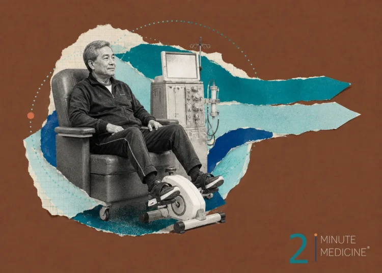 A patient undergoing dialysis while using a pedaling device for exercise.