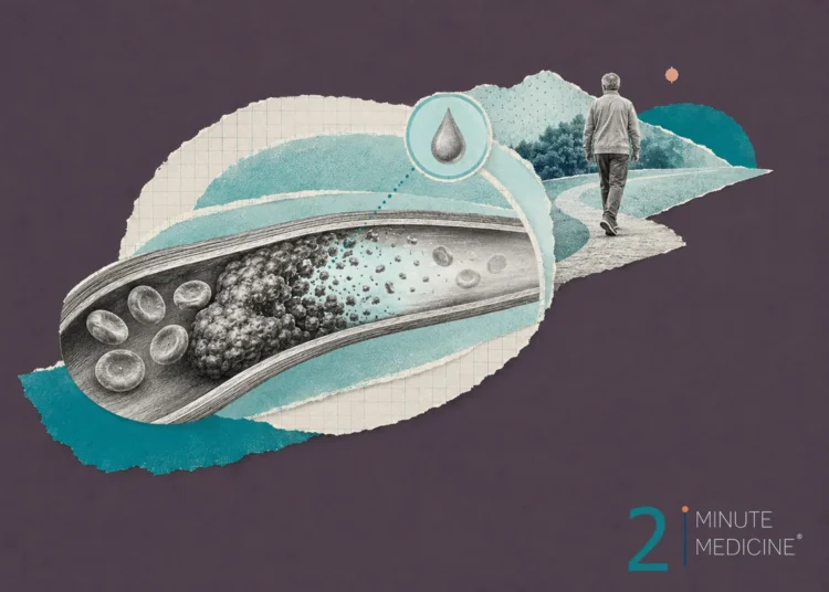 A depiction of a blood vessel with blood cells and a blockage, alongside a figure walking, illustrating stroke recovery.