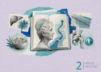 An artistic illustration featuring an elderly woman with a brain overlay, an open book suggesting knowledge or guidance, and various medical symbols related to neurology and surgery.