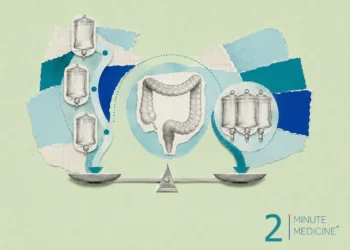 An illustration depicting the colon with IV bags on either side, symbolizing sequential therapy paths in colorectal cancer treatment.