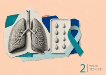 An illustration showing human lungs, a tray with sampling devices, and a teal awareness ribbon, representing lung cancer diagnostics and lymph node sampling.