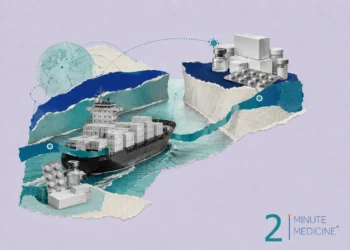 A cargo ship transporting pharmaceutical containers across water, symbolizing challenges in the medicine supply chain.