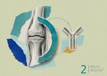 The image shows an illustration of a knee joint, accompanied by a representation of an antibody, suggesting a focus on rheumatoid arthritis or psoriatic arthritis and its treatment.
