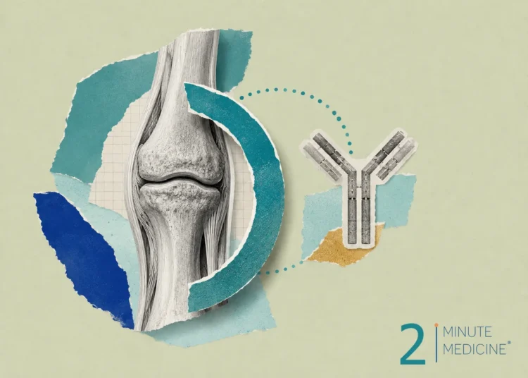 The image shows an illustration of a knee joint, accompanied by a representation of an antibody, suggesting a focus on rheumatoid arthritis or psoriatic arthritis and its treatment.