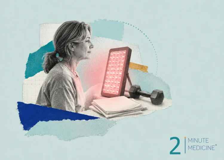 A woman using a red light therapy device while seated, surrounded by workout equipment and papers, suggesting engagement in wellness practices.
