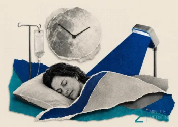 A sleeping patient in a hospital bed with an IV drip, a clock showing time, and light shining from a lamp, suggesting themes of sleep, time, and chemotherapy treatment.