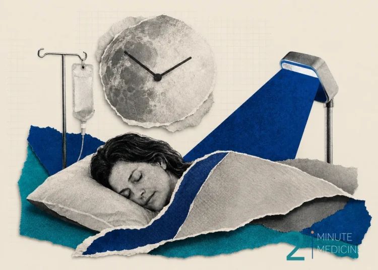 A sleeping patient in a hospital bed with an IV drip, a clock showing time, and light shining from a lamp, suggesting themes of sleep, time, and chemotherapy treatment.