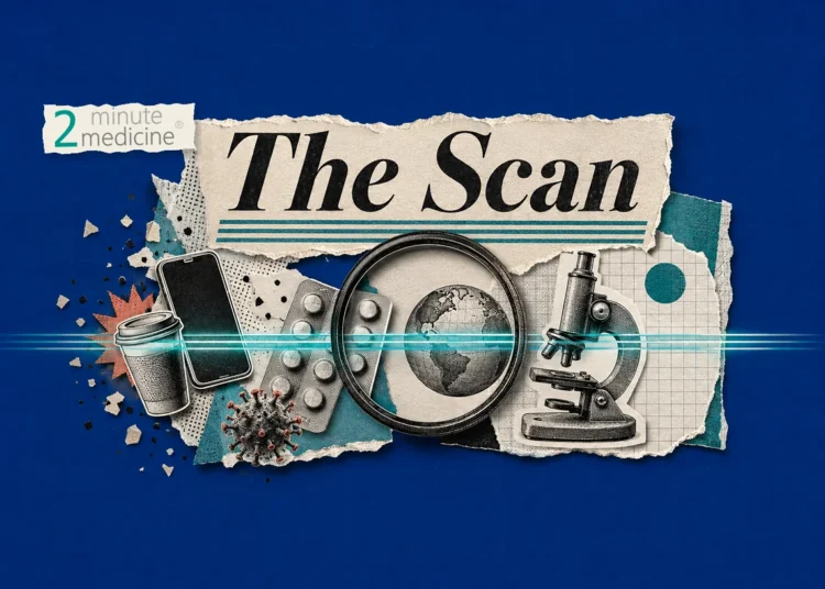 Collage titled 'The Scan' with a microscope, pills, blister pack, globe under a magnifying glass, a smartphone, and a virus model on a torn paper backdrop against blue.