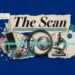 Collage titled 'The Scan' with a microscope, pills, blister pack, globe under a magnifying glass, a smartphone, and a virus model on a torn paper backdrop against blue.