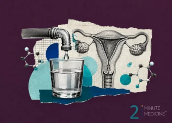 A faucet draining water into a glass, alongside a diagram of a uterus with ovaries, suggesting a link between water contaminants and uterine cancer.