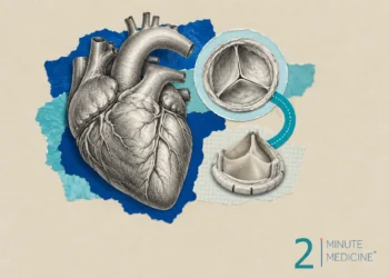 Aortic valve disease collage: an engraved heart, a three-leaflet aortic valve seen from above and a replacement valve