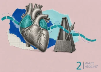 Atrial fibrillation collage: an engraved heart with teal upper chambers beside a wooden metronome and a wavering blue thread