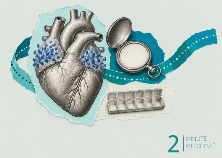 Atrial fibrillation collage of an engraved heart with quivering upper chambers, an uneven dotted ribbon and a pocket watch
