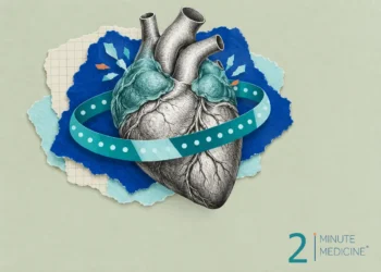 Atrial fibrillation collage: an engraved heart with teal upper chambers, paper sparks and a dotted teal ribbon around it