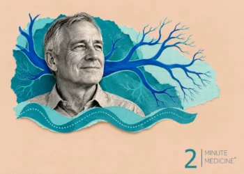 High blood pressure collage: a smiling older man before a branching blue artery tree, with a pulse wave below