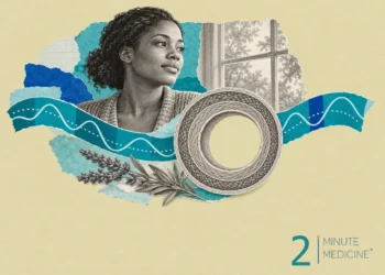 Blood pressure collage: a calm young woman by a window, an engraved artery cross-section, a pulse wave and lavender