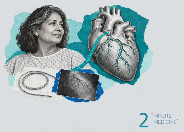 Cardiac catheterization collage: a heart with coronary arteries, a thin coiled catheter, a blank X-ray card and a woman