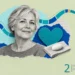 Heart attack and stroke risk collage: a smiling older woman beside a stitched teal paper heart and an oval tablet on linen
