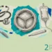 Collage on endocarditis: an engraved heart valve, a stethoscope, a thermometer, a blank IV bag and a toothbrush