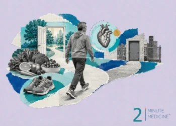 A man walking along a path surrounded by healthy food options, sporting shoes, a heart illustration, and urban scenery, indicating lifestyle changes for cardiovascular health.