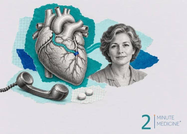 Heart attack collage: a heart with one coronary artery pinched by a blue band, a calm woman, a phone handset and an aspirin