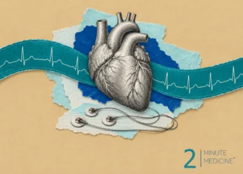 Heart disease collage: an engraved anatomical heart over a ribbon with a steady ECG trace, and three ECG electrode leads
