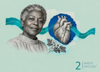 Heart disease collage: a smiling older woman with short gray hair beside an engraved heart and a sprig of hawthorn