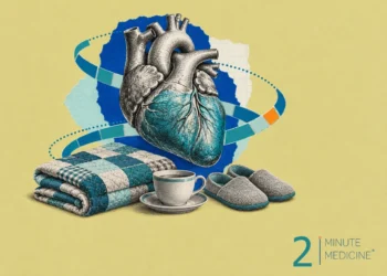 Heart failure collage: an engraved heart with teal ventricles above a folded patchwork quilt, a teacup and house slippers