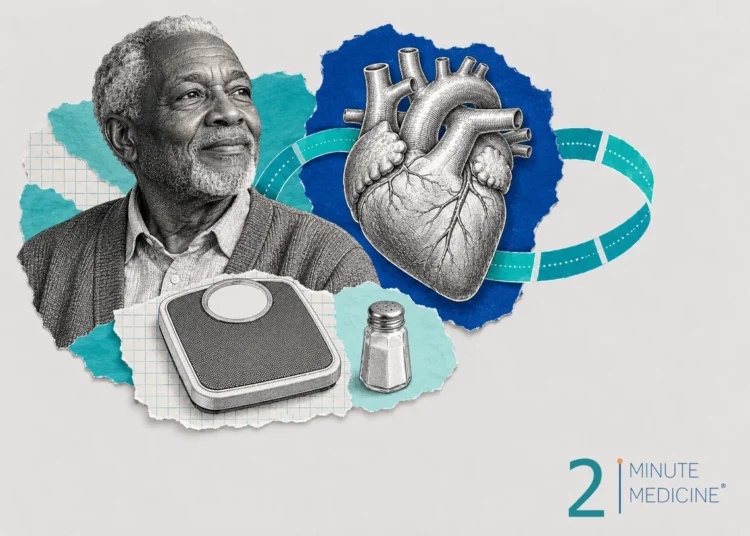 Heart failure collage: an engraved heart with a teal ribbon, a bathroom scale, a salt shaker and an older man in profile