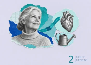 Heart failure collage: a smiling older woman in a turtleneck beside an engraved heart and a metal watering can